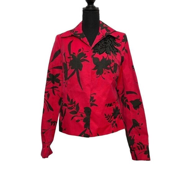 Joni B Red Floral Beaded Open Front Roll Cuff Jacket Blazer - Picture 1 of 10